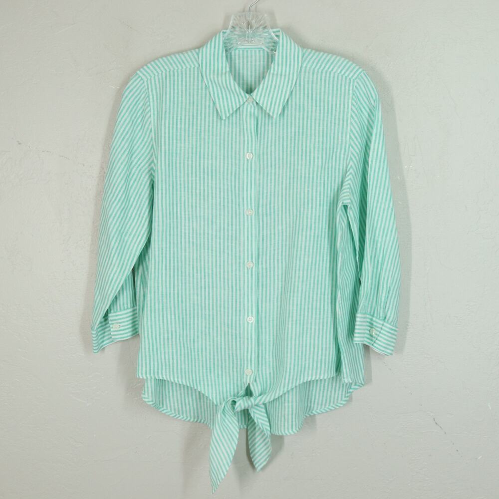 Chicos 1 Linen Top M 8 Green White Striped Linen Non-Wrinkle Button Front Tie